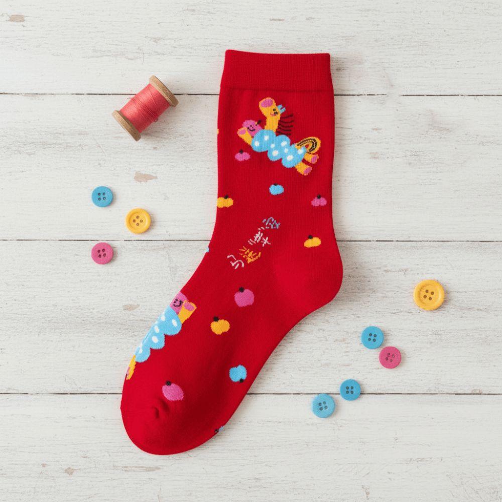 Cartoon Horse Red Socks Cotton Women Horse Tube Socks Breathable New Year Red Socks  Streetwear