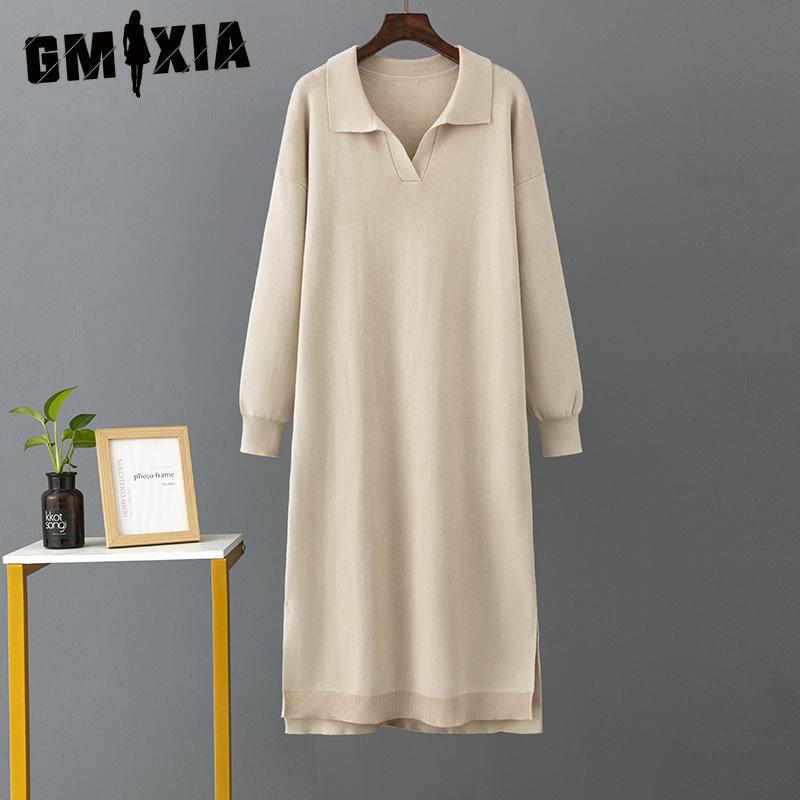 GMXIA Women's Autumn Winter Knitted Loose Large Solid Color Polo Collar Dresses with Lining