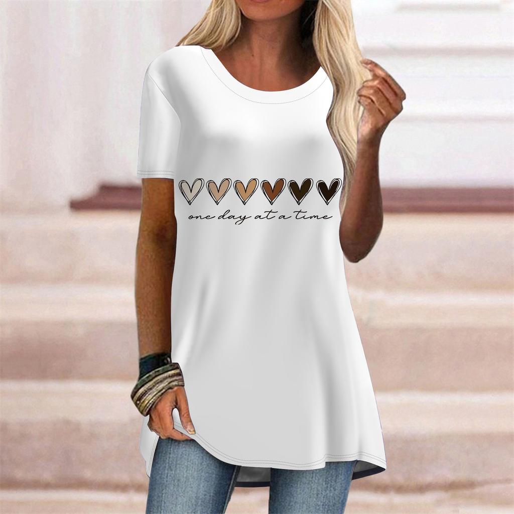 Plus Size Women Summer Colorful Love Printed Comfy Short Sleeve Round Collar T-shirt Casual Baggy Mid Length Tee Tops
