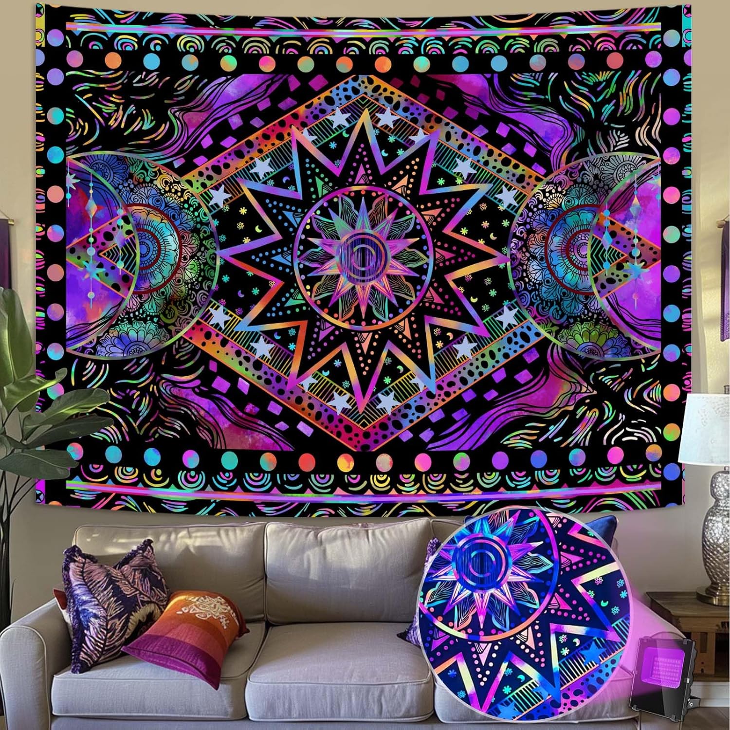 

Bohemian Black Mandala Tapestry Psychedelic Wall Hanging for Bedroom Living Room Dorm Indian Decor Boho Aesthetic Wall Art 40x60cm