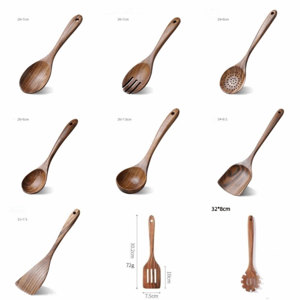 9pcs Acacia Wood Kitchen Utensils Set Long Handle Non Stick Wooden Cooking Utensils Heat Resistant No Paint Frying Spatula Spoon