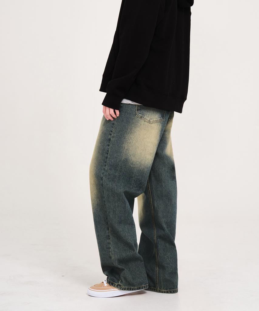 Akeusi Loose Washed Balloon Fit Wide Denim Pants Unisex (Yellow-Blue)