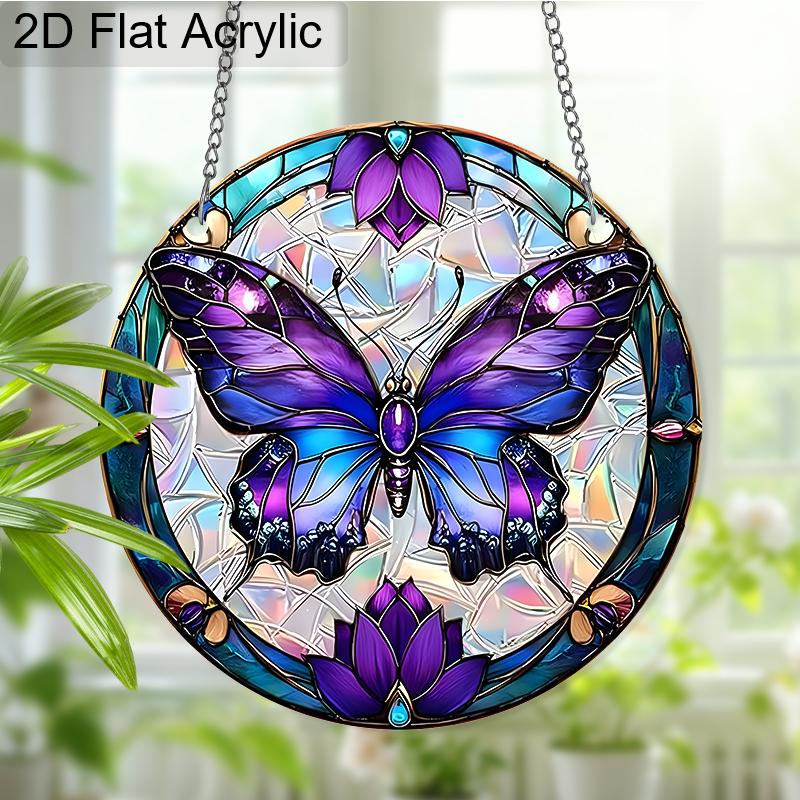 Acrylic Purple Butterfly with Floral Suncatcher, Stained Glass Style Window Hanging for Nature and Butterfly Lovers