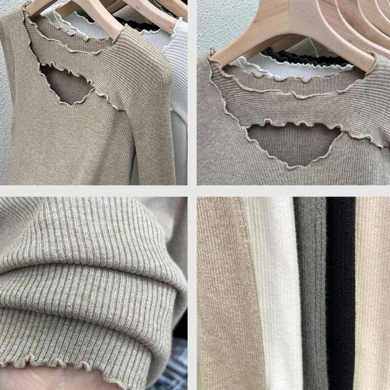 Women's Autumn and Winter Wooden Ear Edge Top Sexy Slim Fit Solid Color Hollow Neckline Design Sweater