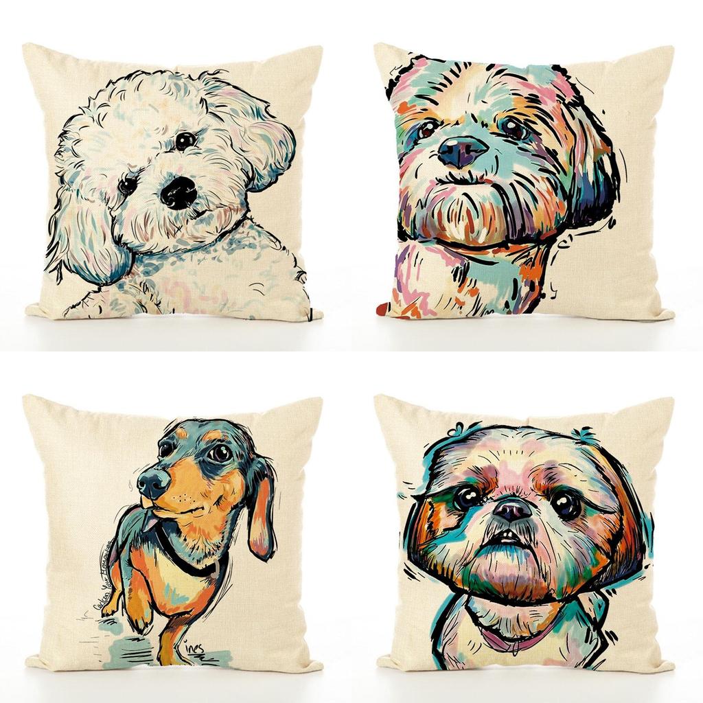 Adorable Pet Dog Pillow Cover In Linen Blend For Cozy Sofa And Office Decor