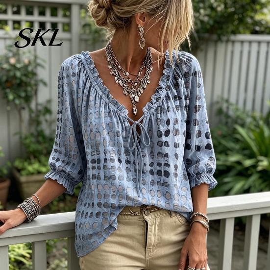 Boho Locker Bluse Damen Sommer Lässiges Hemd, V-Ausschnitt Schnürung 3/4 Ärmel Bluse, Kariert Dreiviertel Puff Oberteil Druck Fließende Oberteile, Leicht Atmungsaktiv