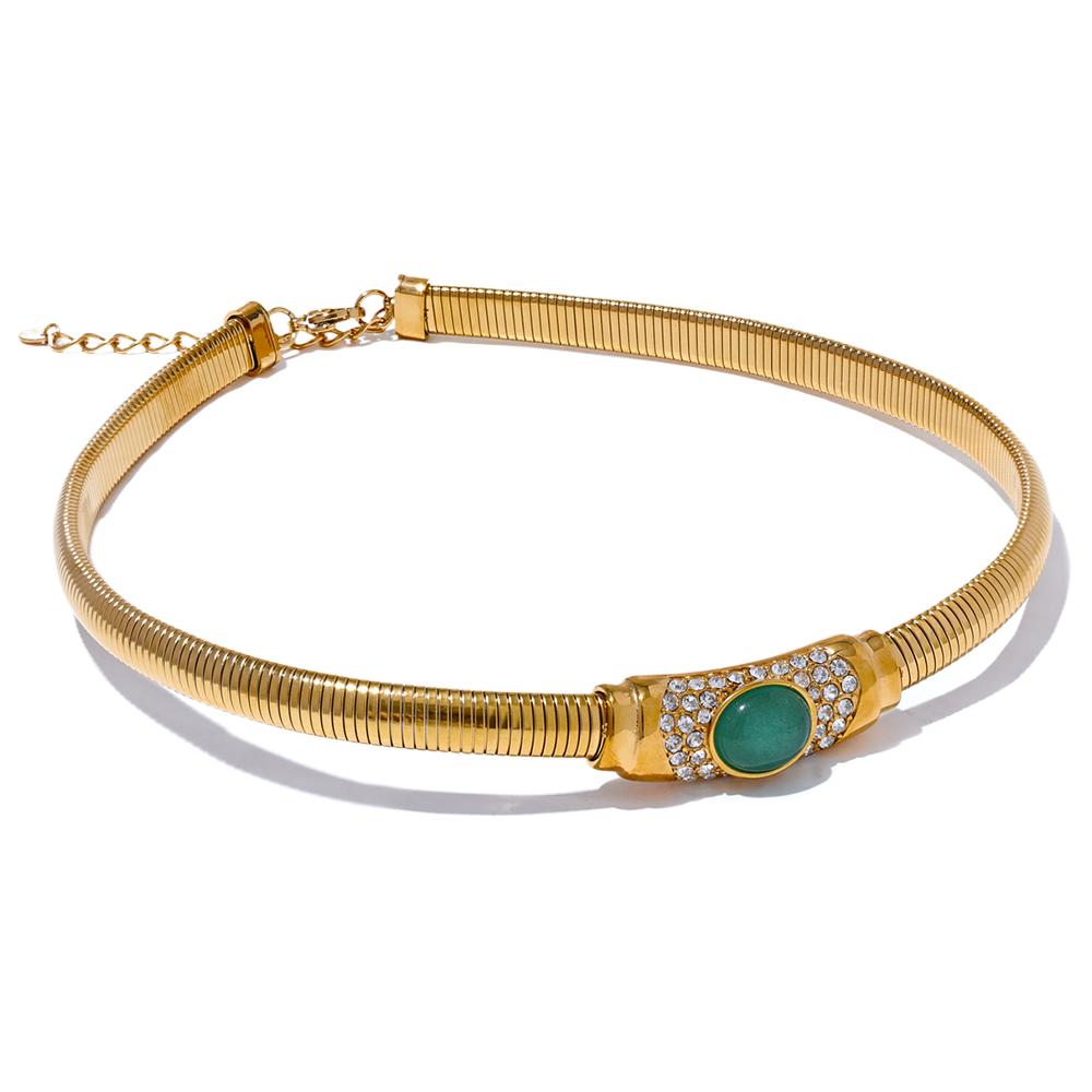 

Yhpup Stainless Steel Cuban Elastic Chain Choker Necklace High-Grade Green Natural Stone Zircon Golden Premium Jewelry Bijoux