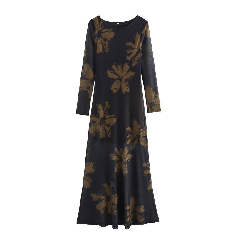 Kaslead New Arrival Women's Clothing Fashion Style Fashion Silm Print Mesh Cinched Hip Bag Long Sleeves Dress