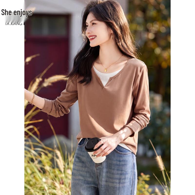 Women's V-Neck Faux Two-Piece Contrast Stitching Casual T-Shirt