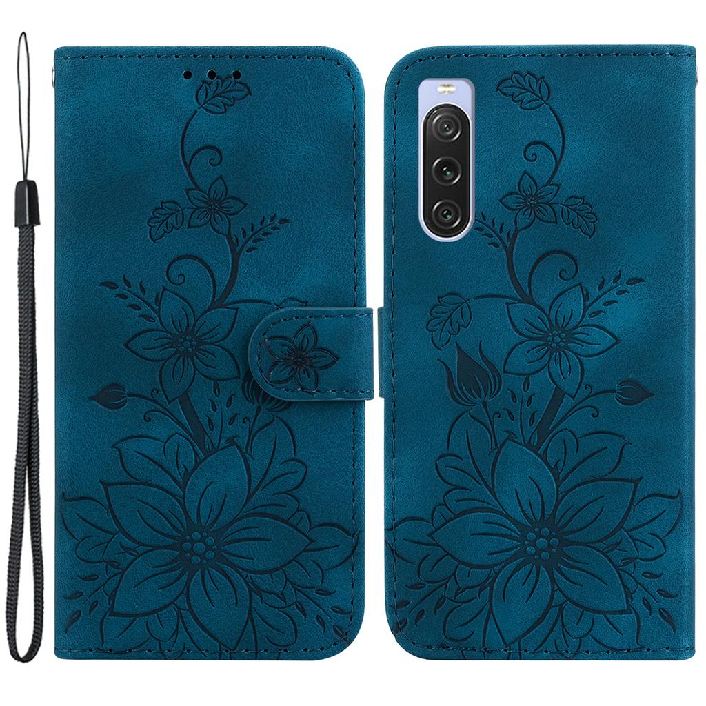 For Sony Xperia 10 V Shockproof PU Leather Phone Case Imprinted Lily Flower Cover Wallet Stand Shell