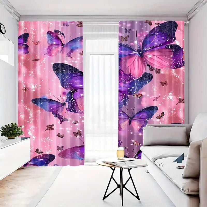 Pinkish Purple Butterfly Print Curtains Suitable Bedroom Living Room Kitchen Decoration Home Window Decor Set Of 2 Made Polyester Great