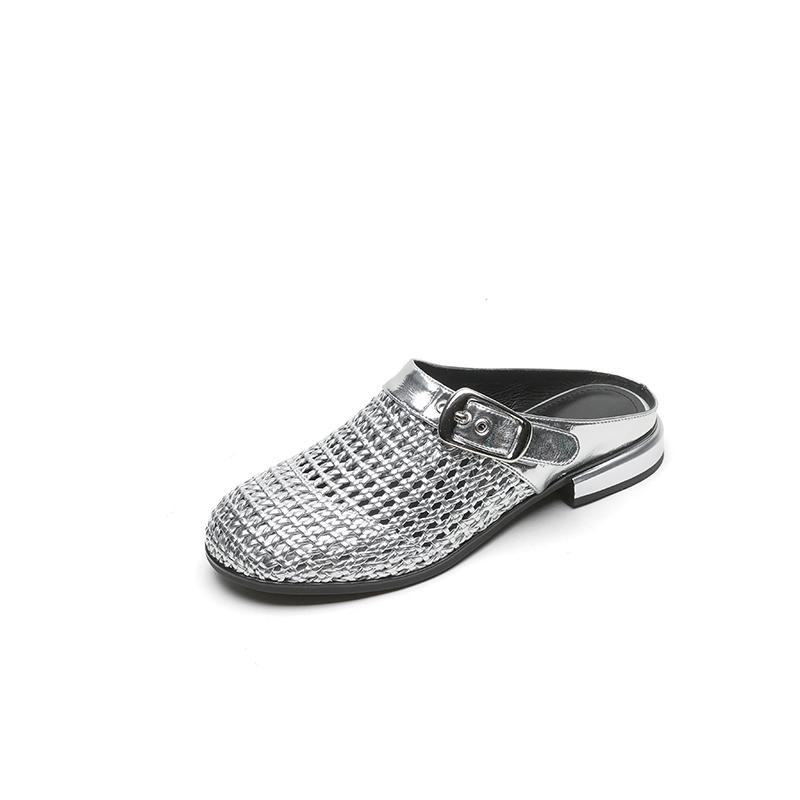 

Fashion New Summer Slippers Summer Shoes Round Toe Low Heels Sandals for Women Fashion Hollow Out Split Leather Slippers Ladies Shoes 40 серебряный