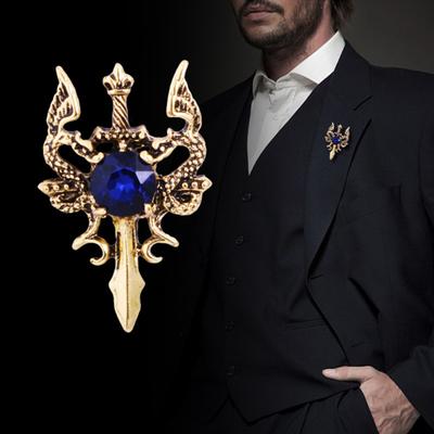 Retro Dragon Blade Brooch Men Animal Rhinestone Lapel Pin Suit Shirt Badge Jewelry Gift Accessories