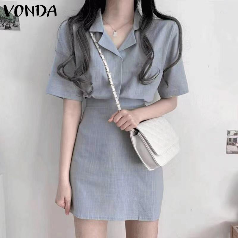 

VONDA летние женские комплекты из 2 предметов, однотонные рубашки с короткими рукавами, короткие юбки
