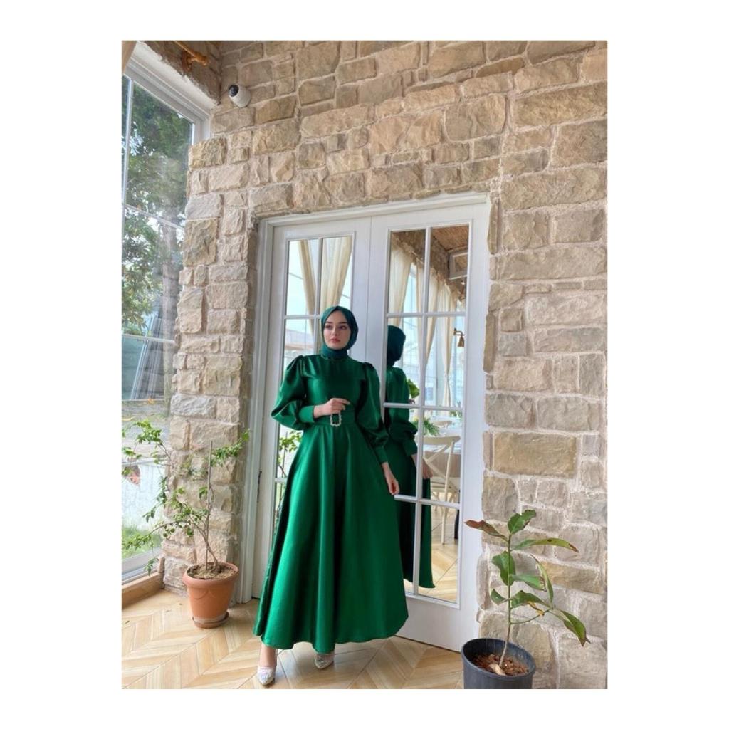 Women's Black Satin Belted Bellae Dress