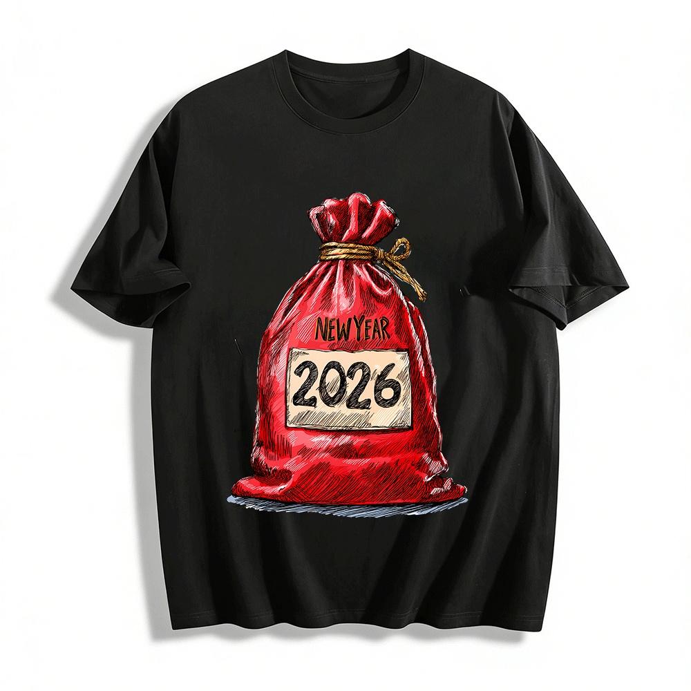2026 New Year Themed Red Bag Print Casual Unisex Top Pure cotton T-shirt XXS