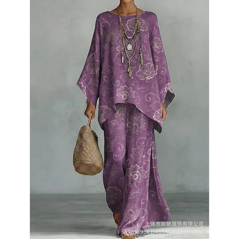 1116 European and American spring new printing temperament round neck versatile casual loose two-piece set
