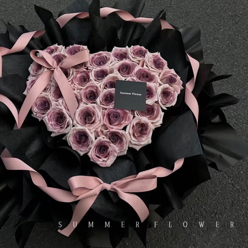 Smoked Plum Sauce Bouquet with Pink Ribbon - Qixi Valentine's Day Fresh Flower & Artful Gift Box Decoration.