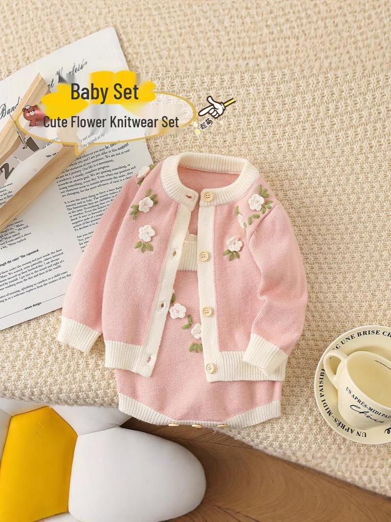 Handbesticktes Baby-Mädchen Strick-Latzhosen- und Jacken-Set für Herbst/Winter