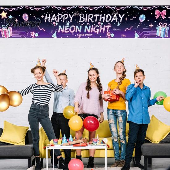 Birthday Decoration Banner Large Happy Yard Sign, 70 x 15 Inch Neon Cyberspace Theme Outdoor Backdrop for Boys Girls Party Supplies Portable