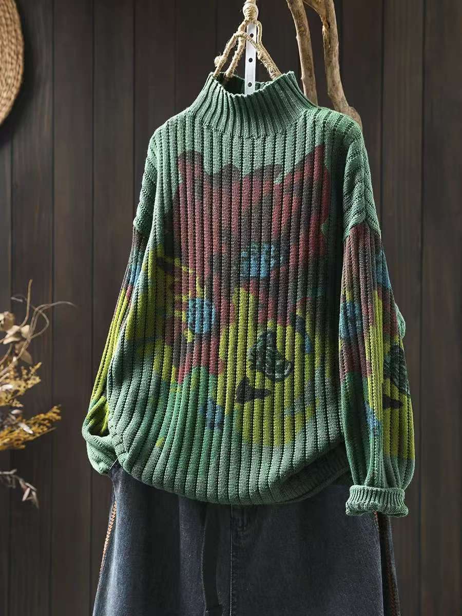 

Johnature Женские свитера-пуловеры с цветочным принтом Зимние вязаные повседневные женские свободные свитера One Size зелёный