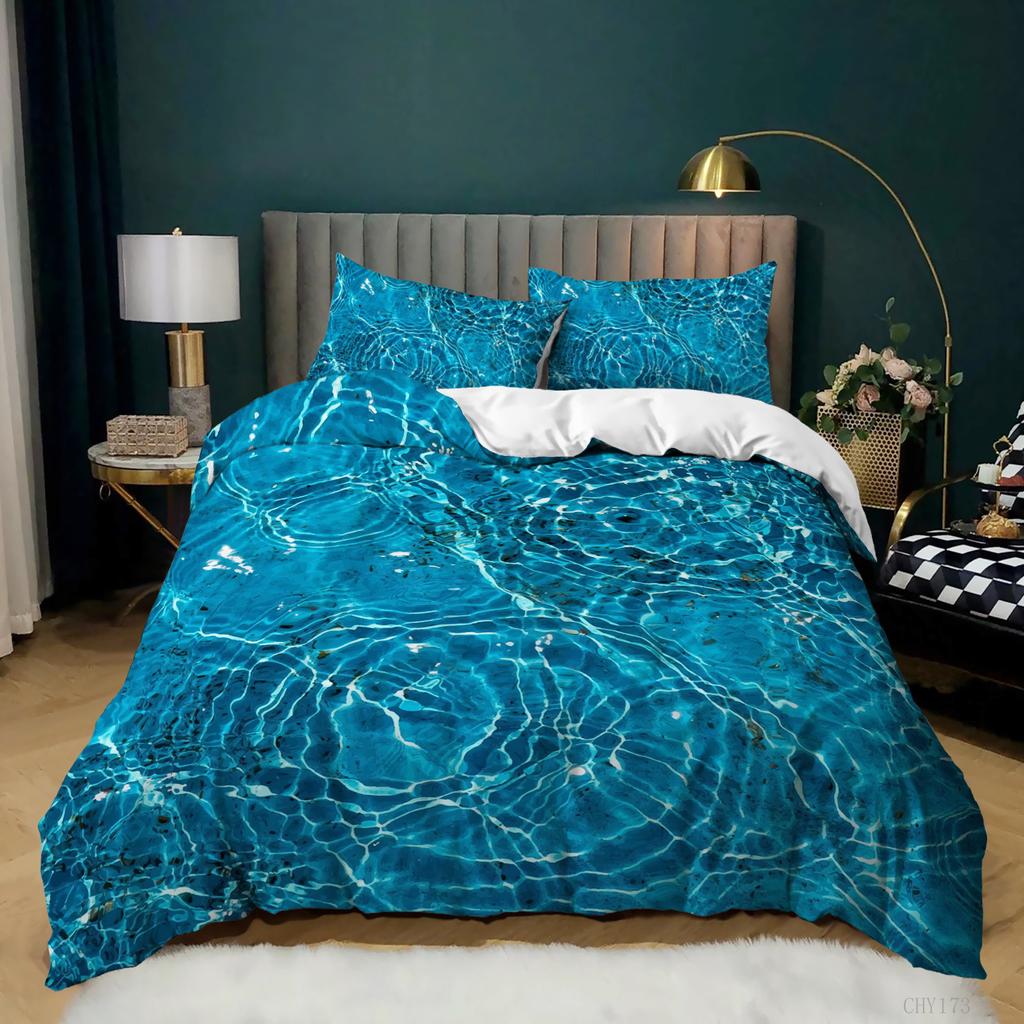 3D Ocean Waves Duvet Cover Set Queen/King for Boy Girl Teens Bedroom Hotel Microfiber Bedding Set Comforter Cover White To Blue