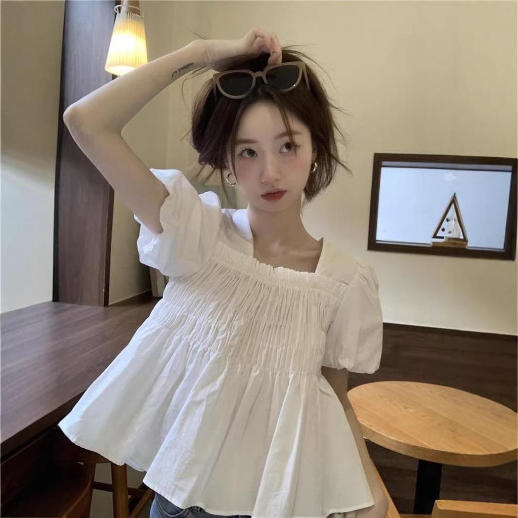 Korean Sweet Ruffled Puff Sleeve Women's Shirt, Square Neck, Summer Arrival, Waist-Cinching Doll Top, Short Sleeves