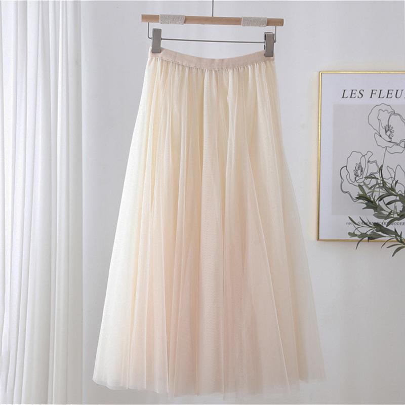 Qooth Women's Slim Skirt Mid Length Gauze Skirt Summer Simple Casual Skirt Fashion Full Dance Skirt QT2588