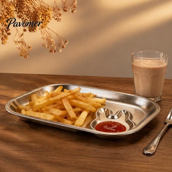 Smooth Edge Divided Lunch Plate 304 Stainless Steel Kids Dinner Plate, Tray with Dip Metal for Children Sauce Dish Dumplings Sushi, Creative