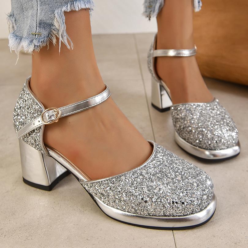 

Plus Size Sequin Fabric Patchwork PU Round Toe Thick Heel Bling Sandals Ankle Buckle Shallow Mouth Super Size High Heel Sandals 34 срібний