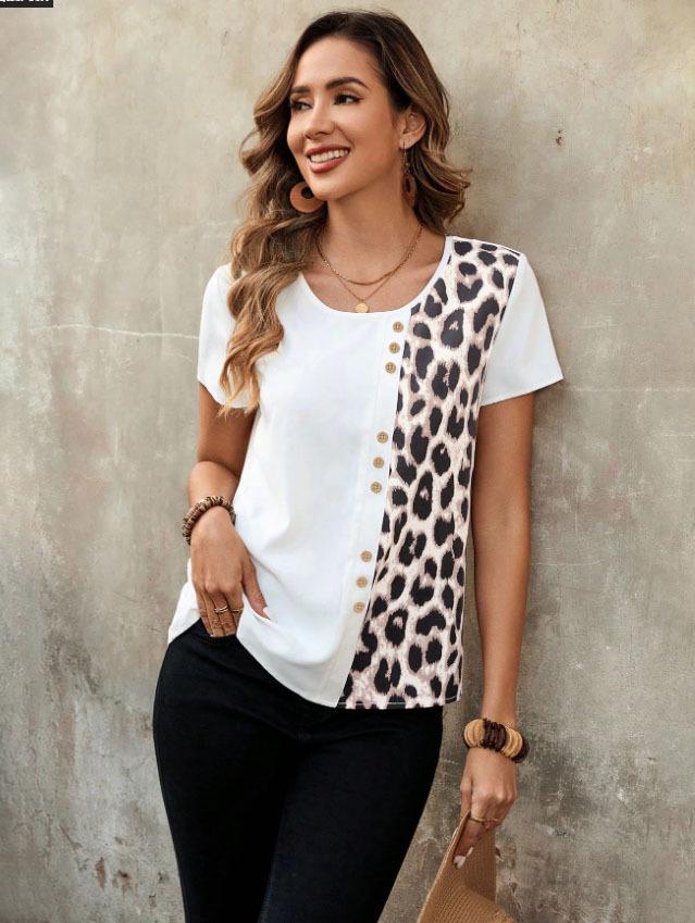 Leopard Print Round Neck Top: Elegant Short Sleeve T-shirt for Women, Casual Spring and Autumn Style 2025