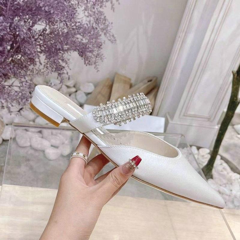 Fashion 2cm/6cm/8cm/10cm Pointy Fine Heels Rhine-diamond Chain Satin High Heels Mullers Wedding Shoes Bridesmaid Heels