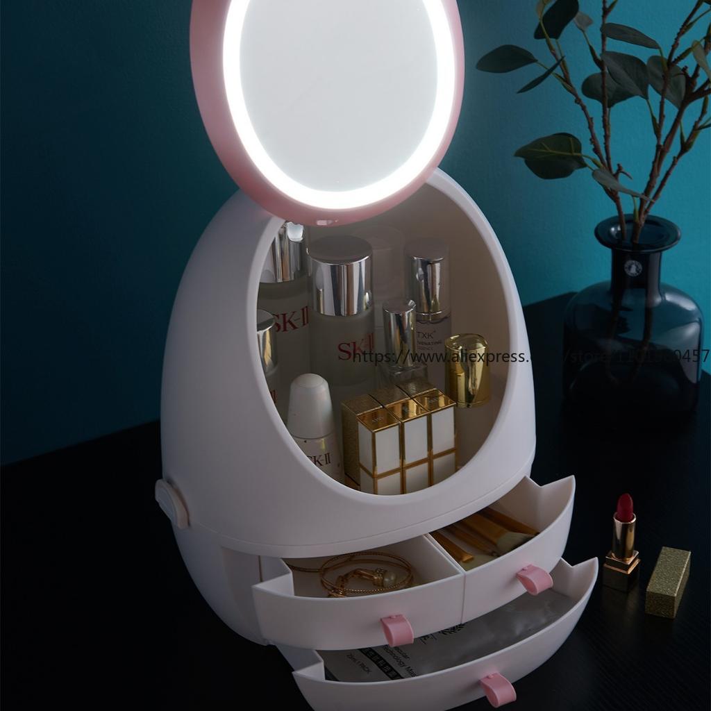 Osvetlený LED kozmetický úložný box so zrkadlom, zásuvkový, prenosný organizér, prachotesné puzdro na make-up, na kozmetiku na starostlivosť o pleť, na toaletný stolík