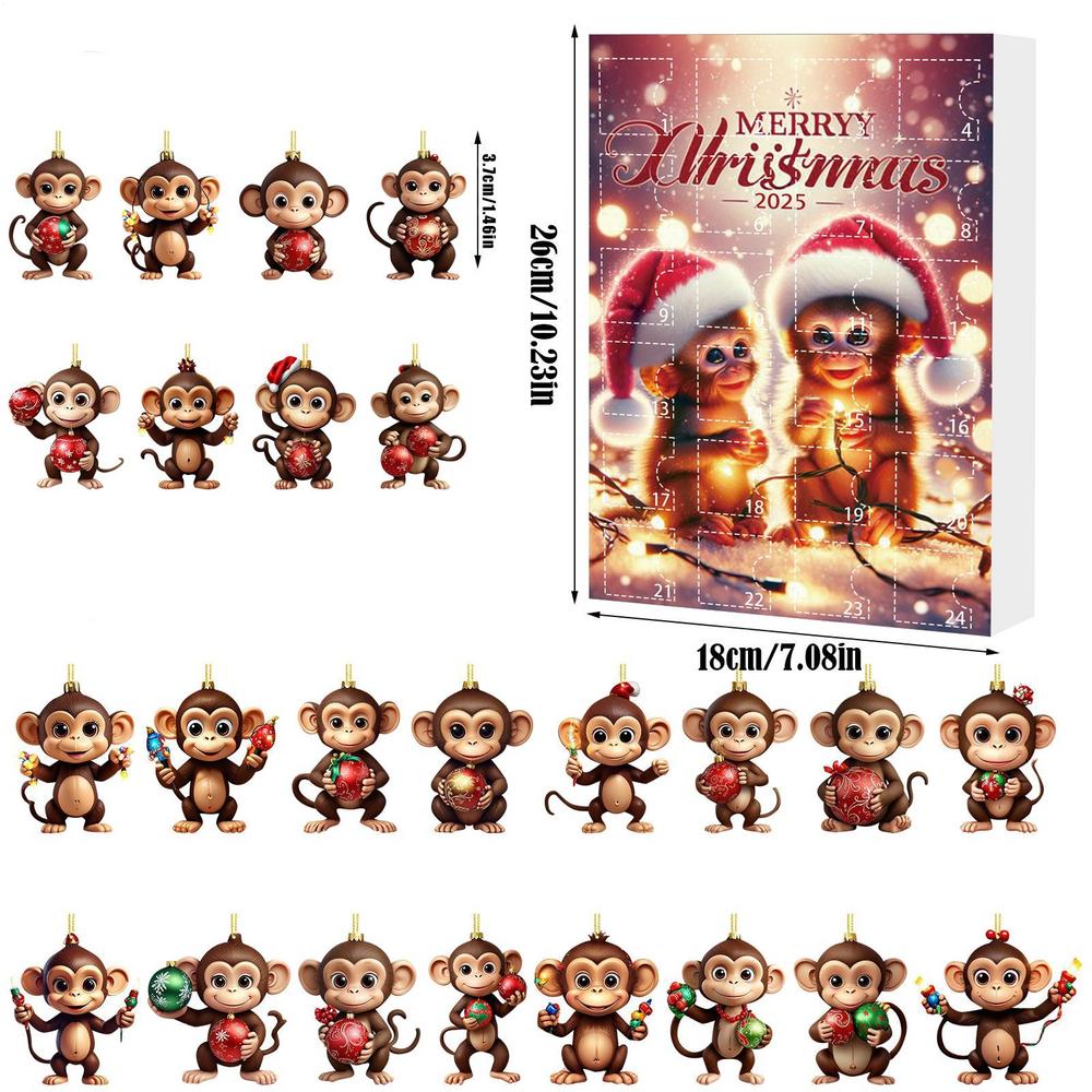 Christmas Countdown Calendar with Acrylic Monkey Pendants 2D Car Ornament 24-Day Advent Calendar for Holiday Offices Room
