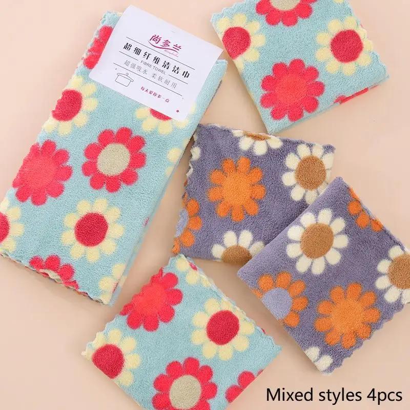 4pcs Kitchen Cleaning Cloths Soft Absorbent Dishcloth Coral Fleece Sunflower Wiping Towel Rags Household Cleaning Cloth 30X30CM