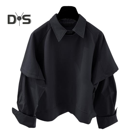 

Мужская рубашка с лацканами, длинный рукав, однотонная, сращивающаяся, имитация, из двух частей, пуловер, свободный крой, повседневная рубашка, рабочая одежда L чёрный