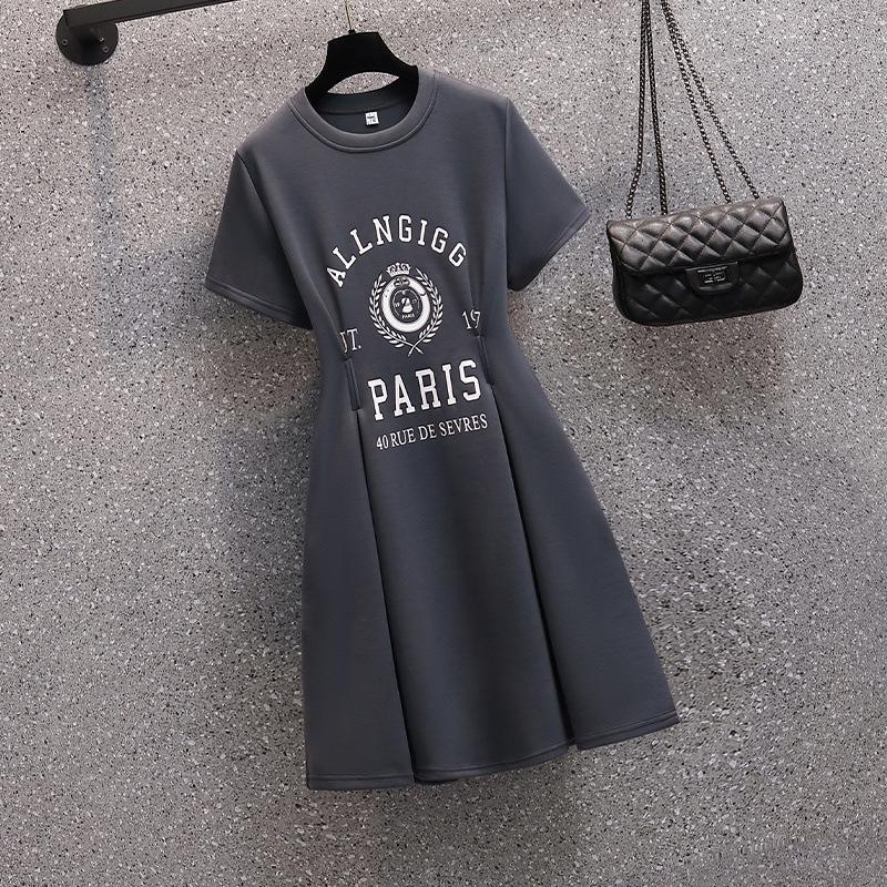 

Plus Size Women s Summer Letter Print Ruched Waist A-line Dress XL 100-120 jin