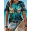 Retro Gradient Tie Dye Dragonfly Print Round Neck Women's T-shirts Casual Fashion Short Sleeved Top