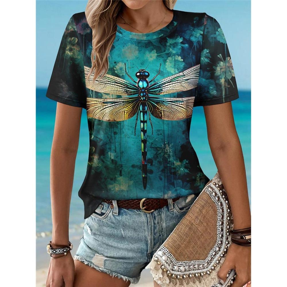 Retro Gradient Tie Dye Dragonfly Print Round Neck Women's T-shirts Casual Fashion Short Sleeved Top