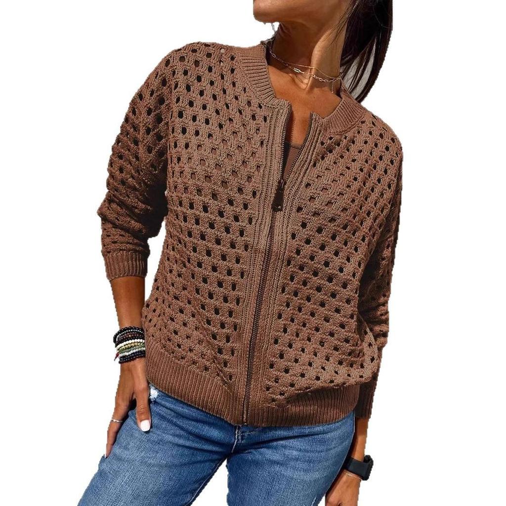 Women's Black Mesh Knit Cardigan with Zipper and Lace-Up Sleeve Detailing