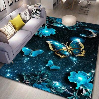 Stunning Blue Butterfly GalaxyRug for Living Room Decor3D Floral Carpet with Moon Design Home Accessories Skid Resistant Carpet