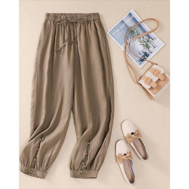 Summer new literary loose solid color cotton and linen elastic waist Harlan pants nine-point pants women's casual pants