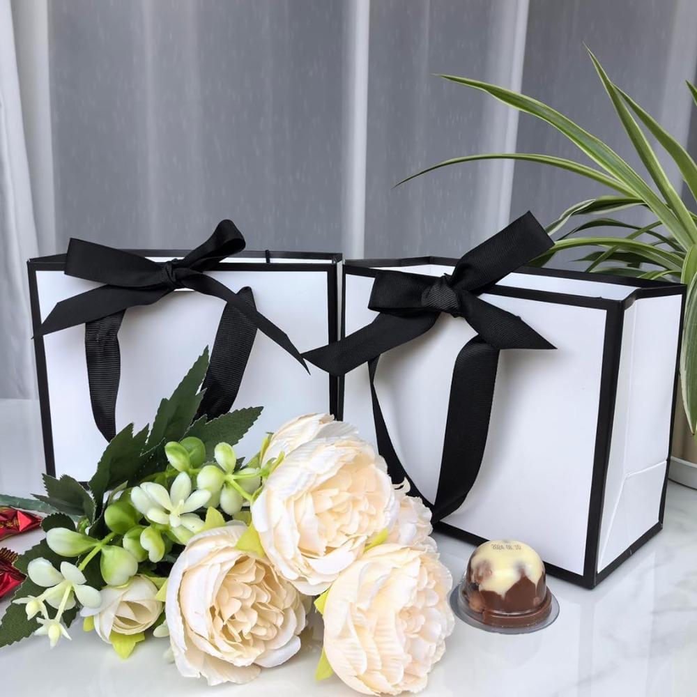 10pcs Small White Black Gift Bags with Handles Thank You Bags with Bow Ribbon Party Favor Bags