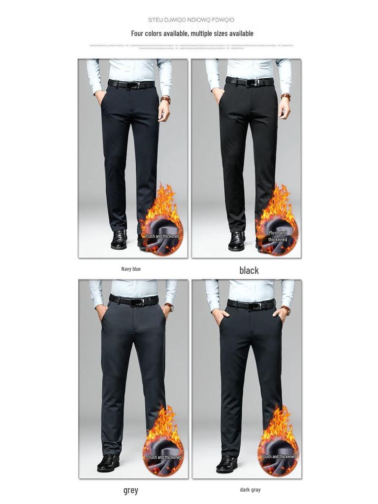 Romon Men's Fleece-lined Straight-leg Casual Pants - High Elastic, Iron-free, Thickened for Autumn/Winter.
