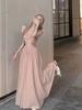 [The Original Method Has the Inside] Pink Small Flying Sleeve Dress, Summer Ruffle Edge Square Neck Long Dress, Waist a Word