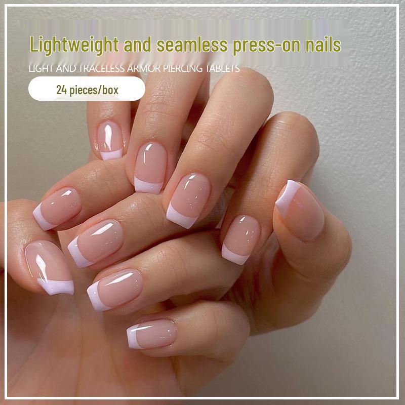 Short Nude Line Style Wearable Fake Nail Art