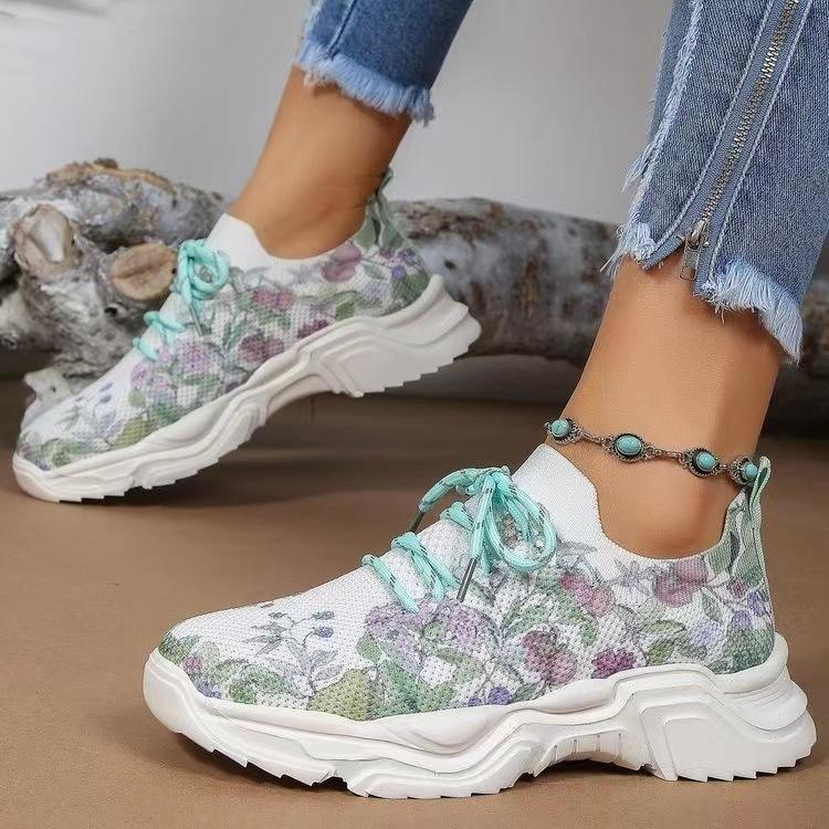Atmungsaktive Sportschuhe für Damen in Übergröße, Flyknit Mesh, lässiger Einzelschuh, Blumendruck, farbige Vorderseite, Schnürung, flache Sohle, Sneaker, 35–43