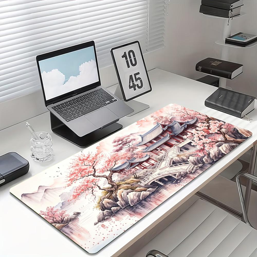 Chinese Ink Sakura Ancient Pavilion Gaming Mouse Pad Non Slip Stitched Desk Mat Smooth Oriental Style Desktop Desk Gadgets