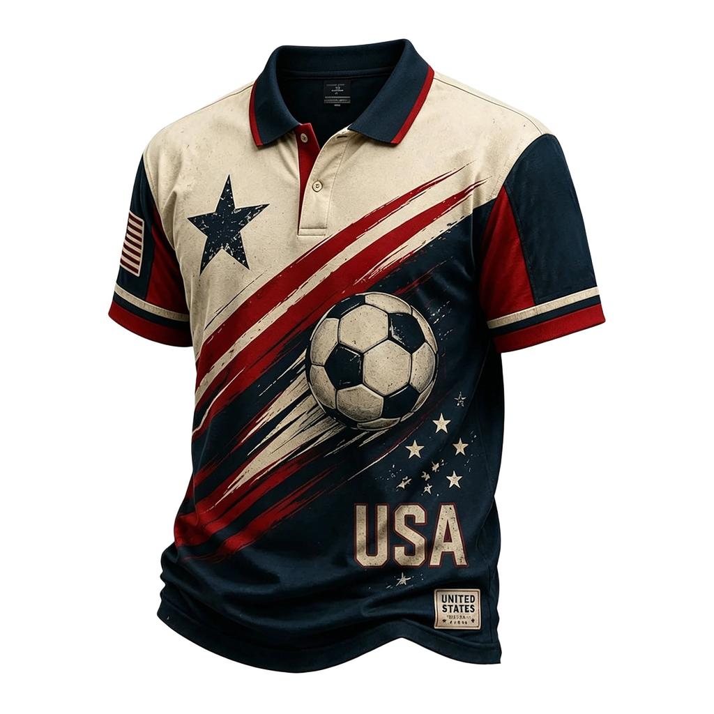 USA Printed Short Sleeve Button Shirt - Patriotic Soccer for Casual Wear