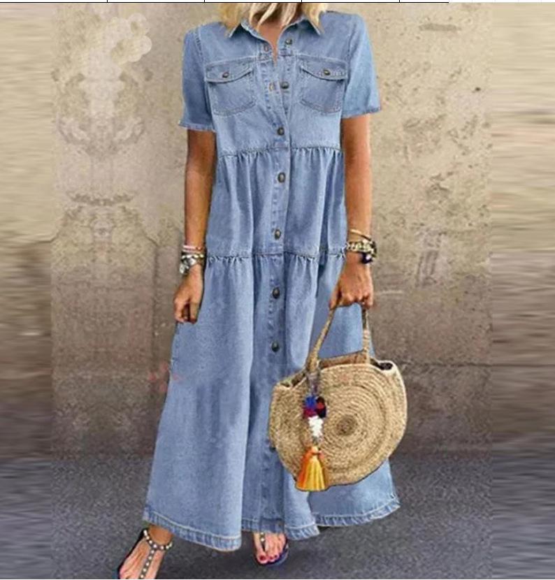 European-American Multi-Button Distressed Denim Dress